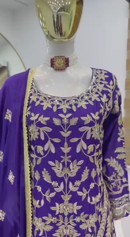 ZD-10091 – Embroidered Chinon Silk Top-Sharara-Dupatta Set - BLUE