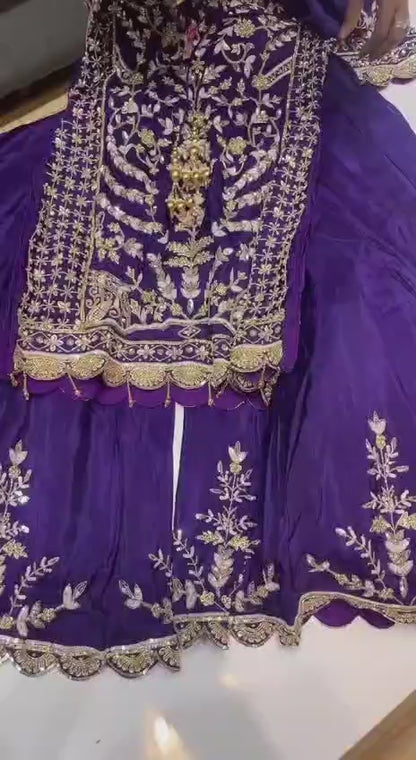 ZD-10091 – Embroidered Chinon Silk Top-Sharara-Dupatta Set - BLUE