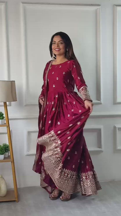 WW-1205 – Chinon Silk Gown-Pant-Dupatta Set