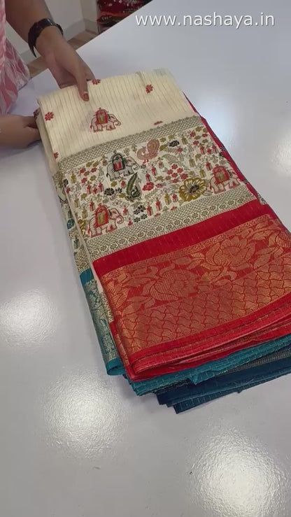 Rekko Silk Saree with All-Over Floral Design & Contrast Border - Red