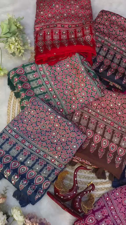 Ajrakh Crepe Silk Sarees with Mirror Work BROWN