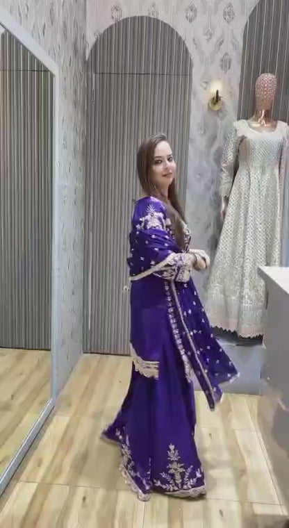 ZD-10091 – Embroidered Chinon Silk Top-Sharara-Dupatta Set - BLUE