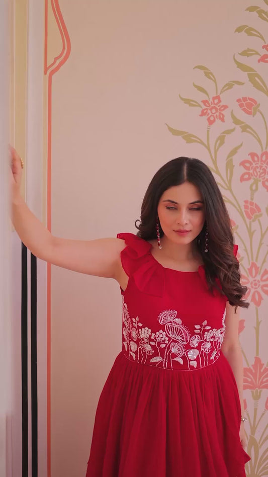 Peplum Style Gown with Bead Embroidery in Faux Blooming Fabric – KA-1175 Red