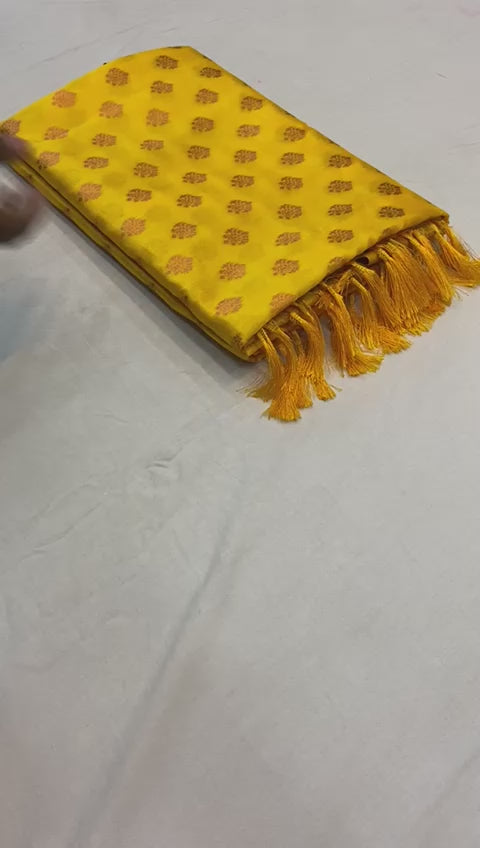 MAGNITE Soft Banarasi Silk Saree with Copper Zari Weaving & Rich Pallu YELLOW