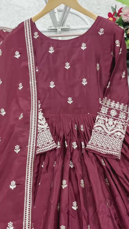 WW-1205 – Chinon Silk Gown-Pant-Dupatta Set