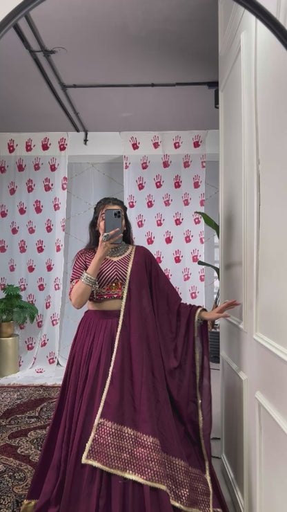Navratri Special Chanderi Lehenga Choli with Zari & Mirror Gamthi Work – LNB1747BRN